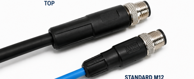Side-by-side size comparison of an M12 XL extra-large connector and a standard M12 connector, showing the M12 XL’s longer, larger overmold body for accommodating larger cables.